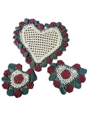 3 Piece Heart Doilies White Heart Trimmed With Red Green Flowers Leaves 12in 7in